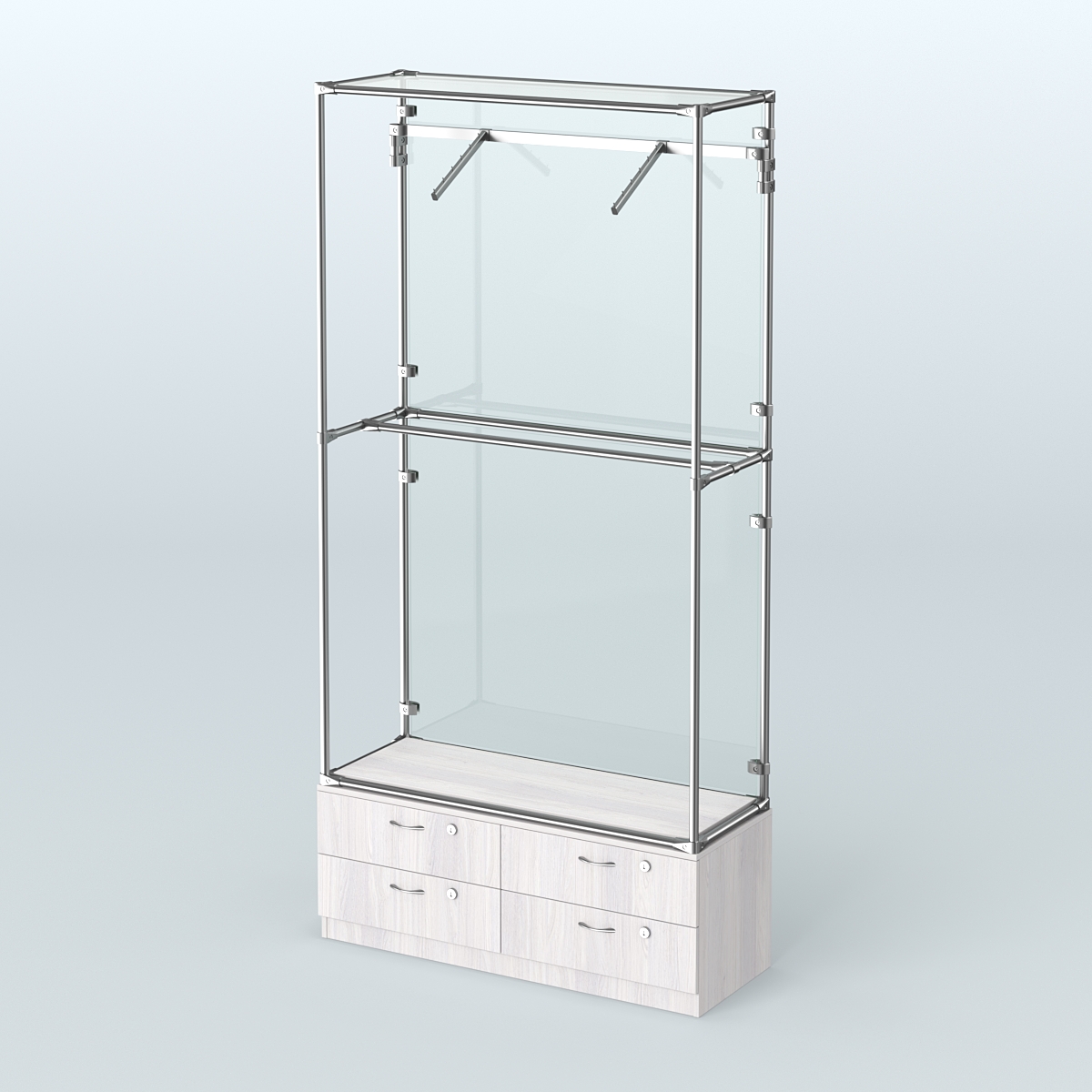 Торговая система ХРОМ (задняя стенка - стекло) 1200 мм №4-2 с тумбой Т-14 и поручнями Ясень Анкор светлый