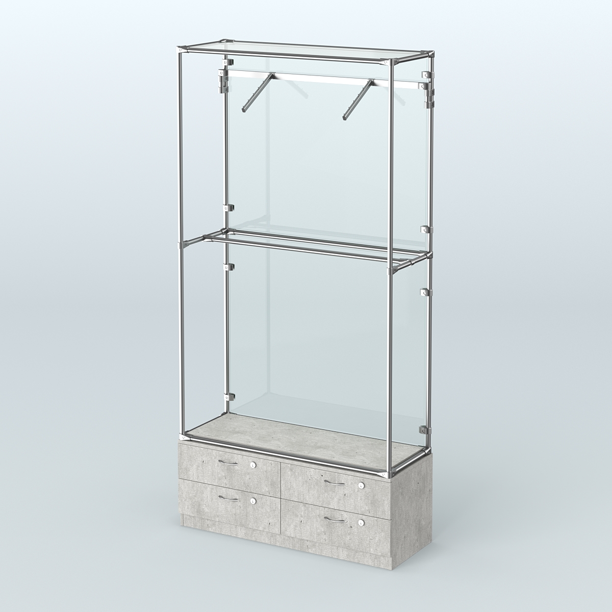 Торговая система ХРОМ (задняя стенка - стекло) 1200 мм №4-2 с тумбой Т-14 и поручнями Метрополитан Грей