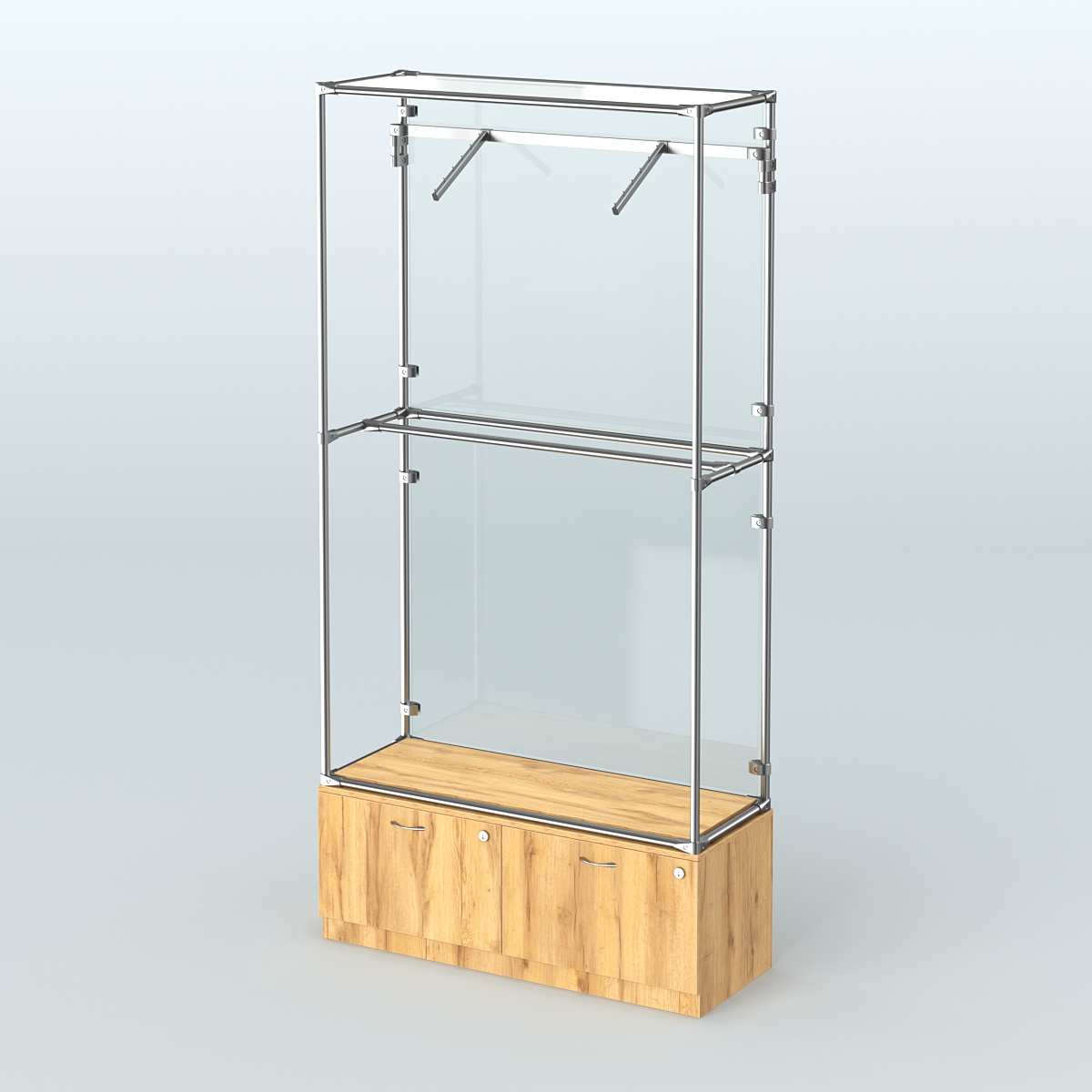 Торговая система ХРОМ (задняя стенка - стекло) 1200 мм №4-3 с тумбой Т-15 и поручнями Дуб Золотистый