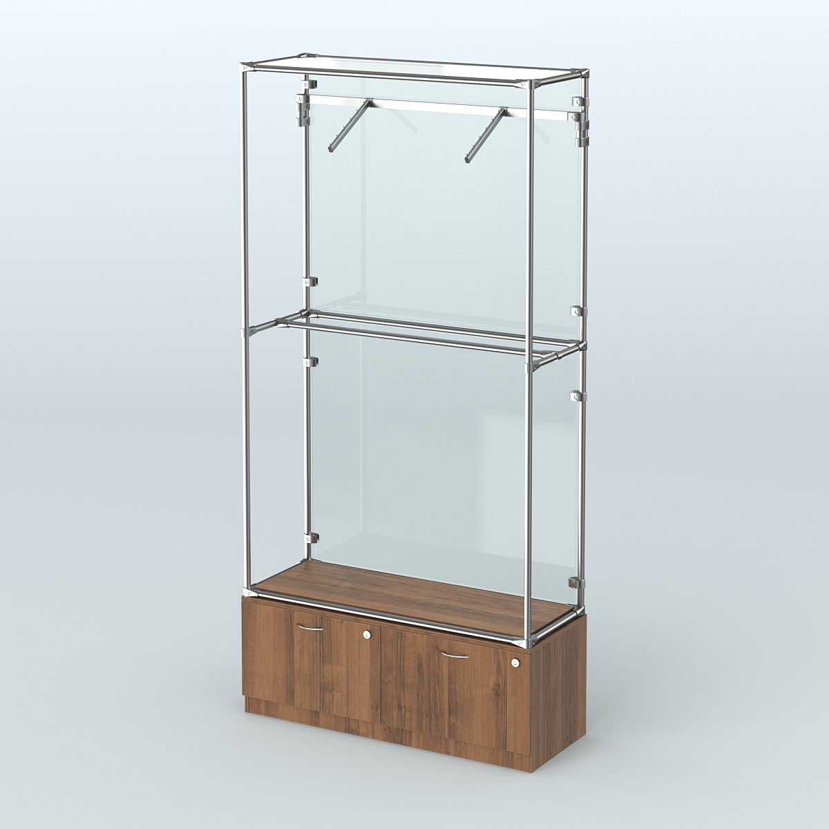 Торговая система ХРОМ (задняя стенка - стекло) 1200 мм №4-3 с тумбой Т-15 и поручнями Орех