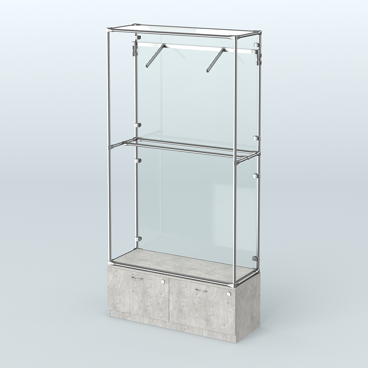 Торговая система ХРОМ (задняя стенка - стекло) 1200 мм №4-3 с тумбой Т-15 и поручнями Метрополитан Грей