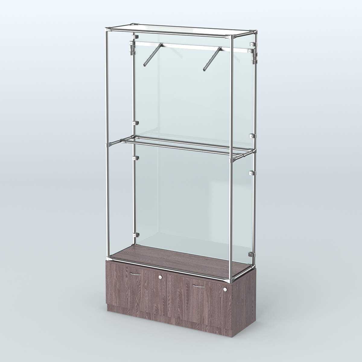 Торговая система ХРОМ (задняя стенка - стекло) 1200 мм №4-3 с тумбой Т-15 и поручнями Ясень Анкор темный