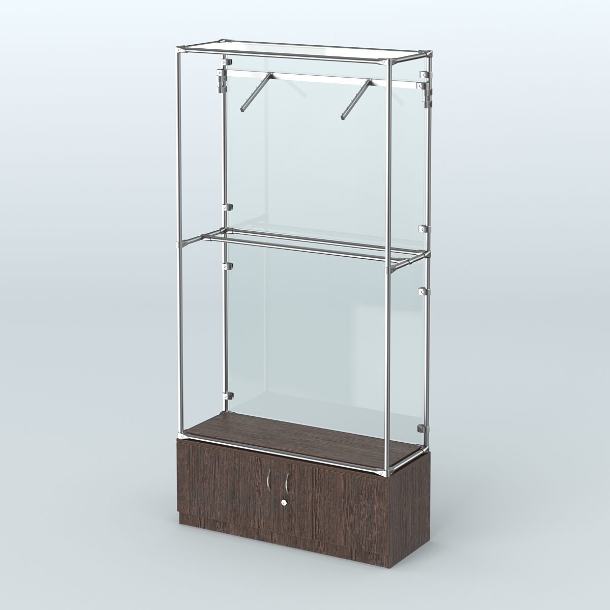 Торговая система ХРОМ (задняя стенка - стекло) 1200 мм №4-4 с тумбой Т-21 и поручнями Дуб Венге
