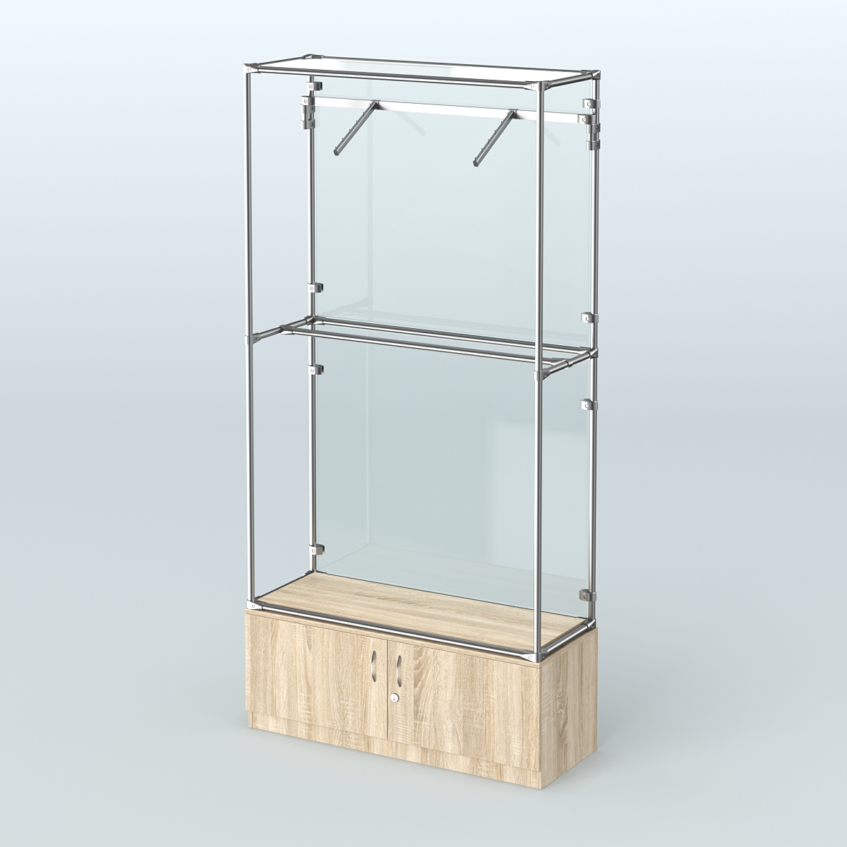 Торговая система ХРОМ (задняя стенка - стекло) 1200 мм №4-4 с тумбой Т-21 и поручнями Дуб Сонома