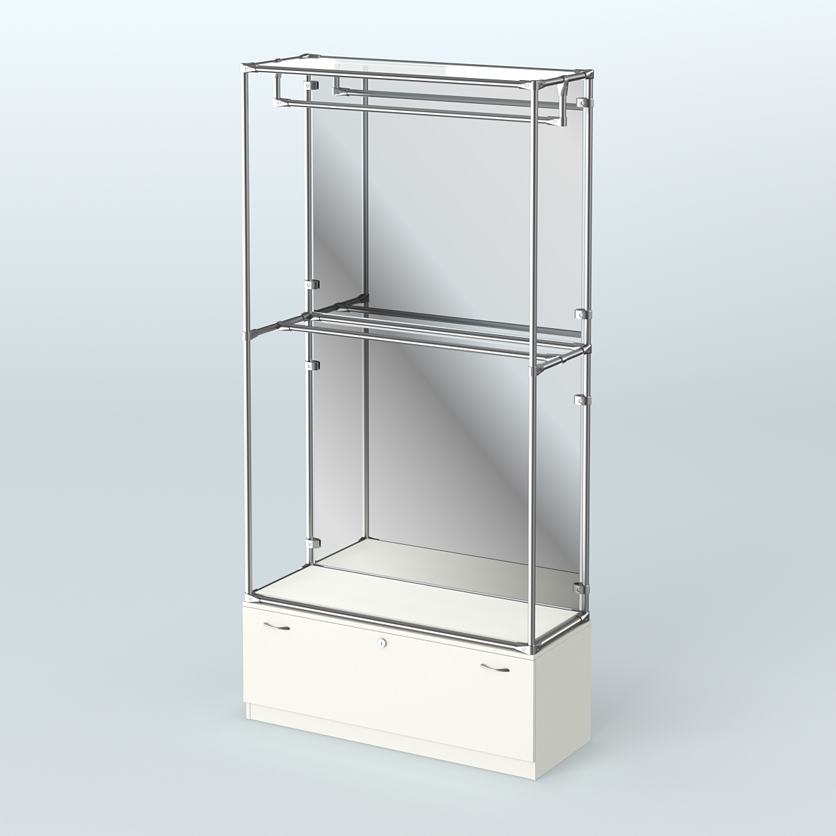 Торговая система ХРОМ (задняя стенка - зеркало) 1200 мм №1-1 с тумбой Т-11 и поручнями Белый