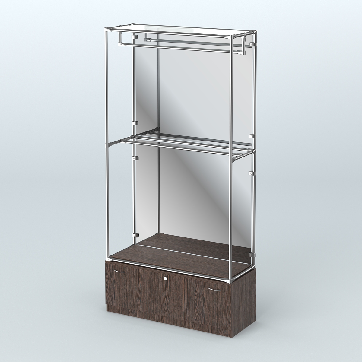 Торговая система ХРОМ (задняя стенка - зеркало) 1200 мм №1-1 с тумбой Т-11 и поручнями Дуб Венге