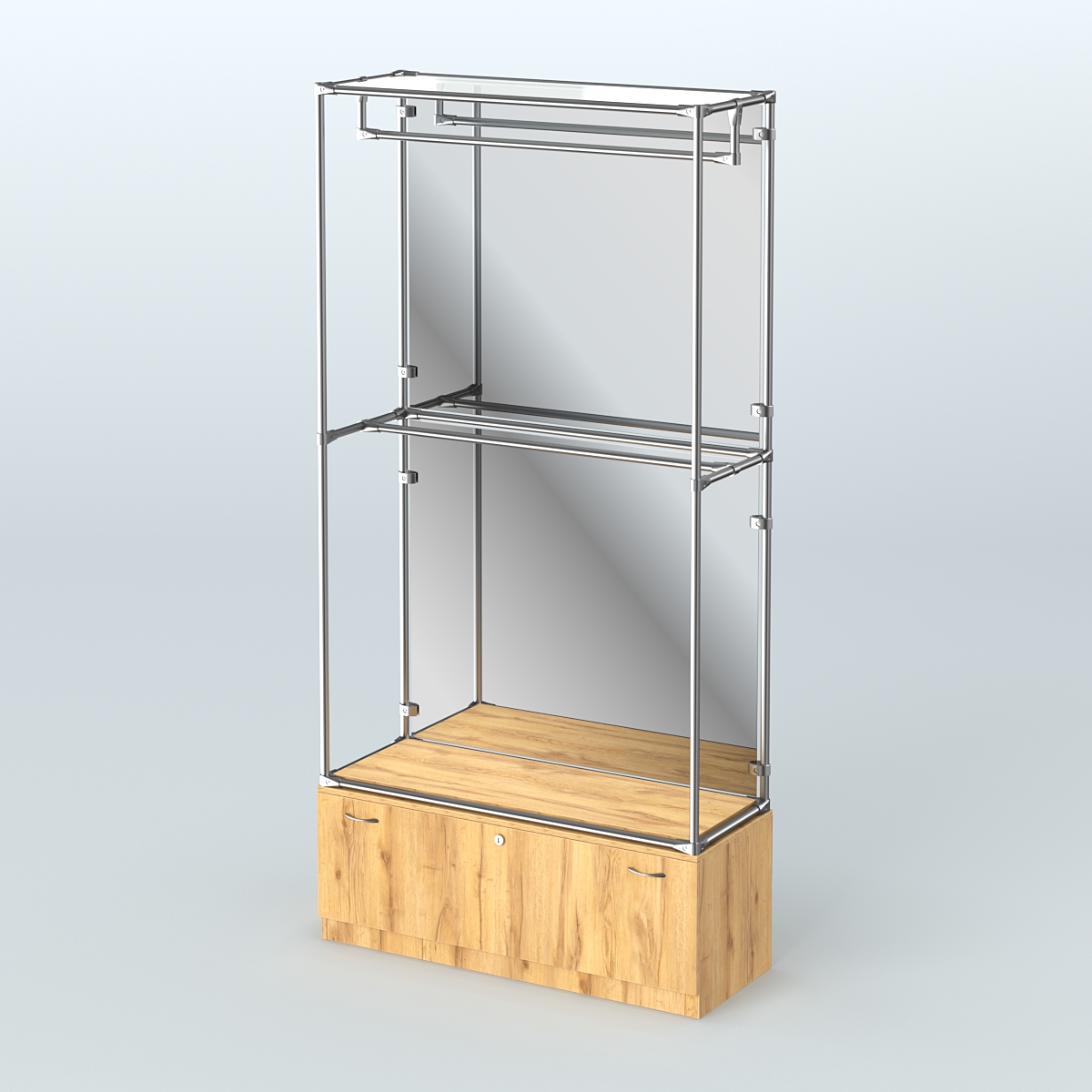 Торговая система ХРОМ (задняя стенка - зеркало) 1200 мм №1-1 с тумбой Т-11 и поручнями Дуб Золотистый