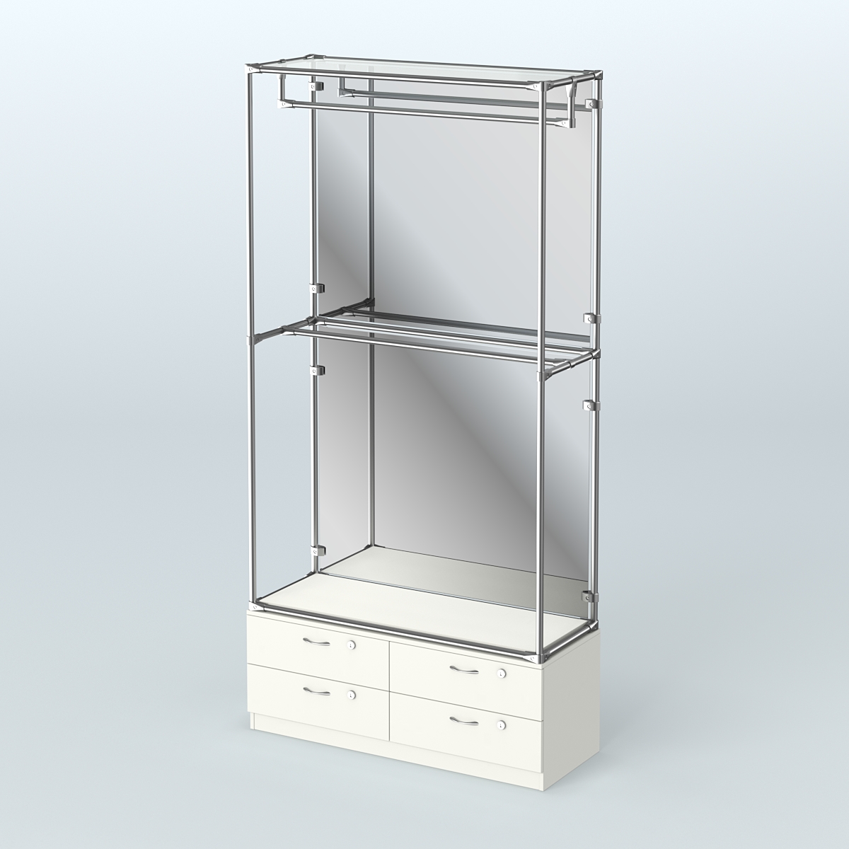 Торговая система ХРОМ (задняя стенка - зеркало) 1200 мм №1-2 с тумбой Т-14 и поручнями Белый