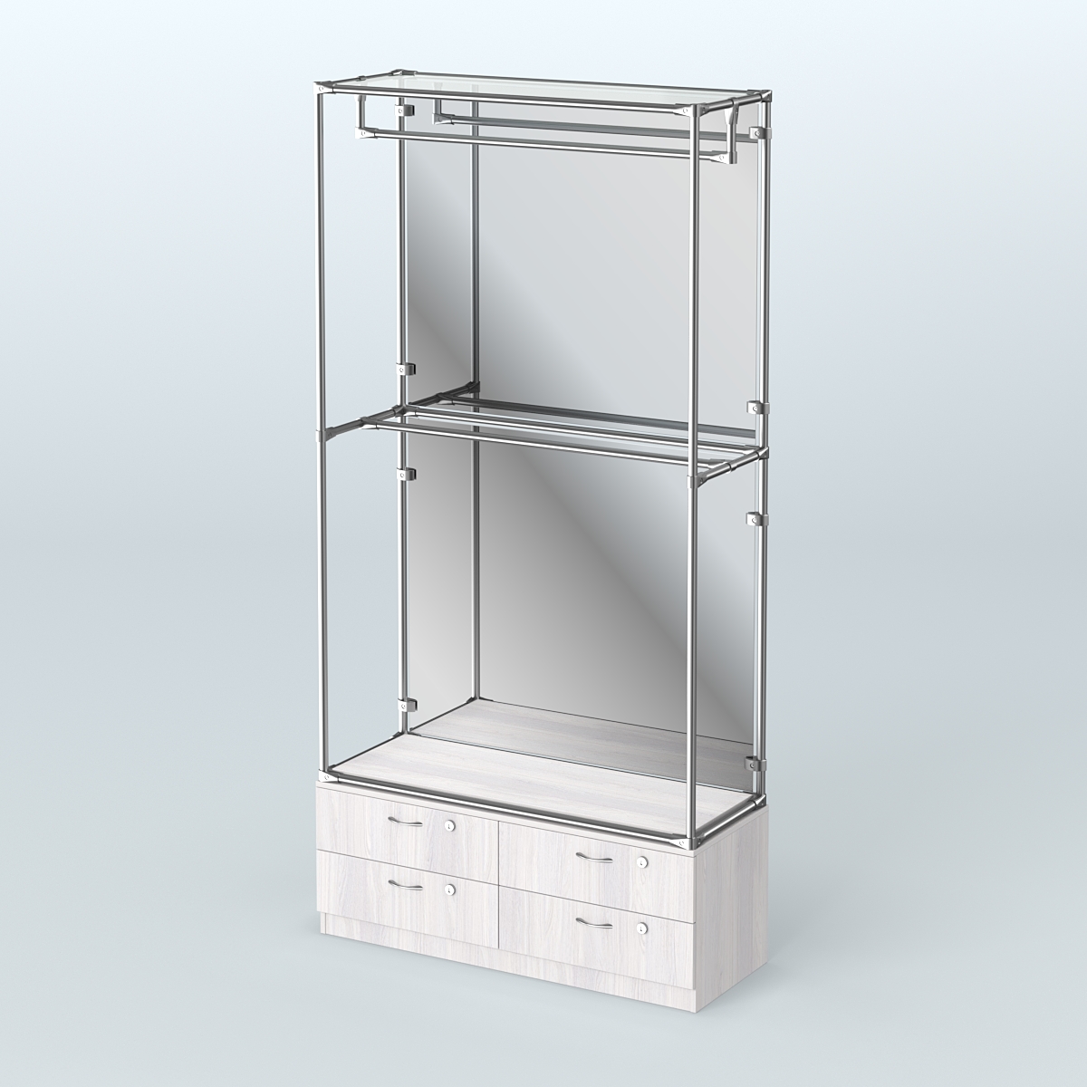 Торговая система ХРОМ (задняя стенка - зеркало) 1200 мм №1-2 с тумбой Т-14 и поручнями Ясень Анкор светлый