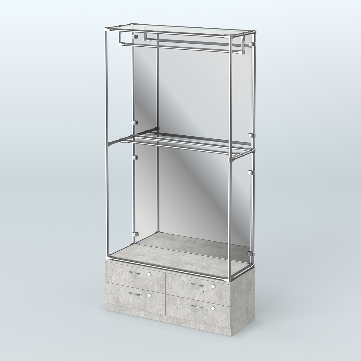 Торговая система ХРОМ (задняя стенка - зеркало) 1200 мм №1-2 с тумбой Т-14 и поручнями Метрополитан Грей