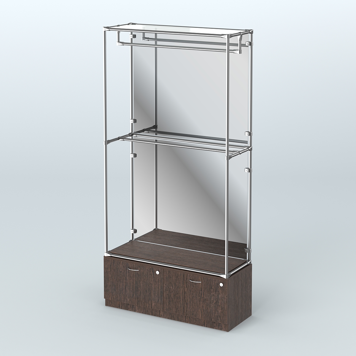 Торговая система ХРОМ (задняя стенка - зеркало) 1200 мм №1-3 с тумбой Т-15 и поручнями Дуб Венге