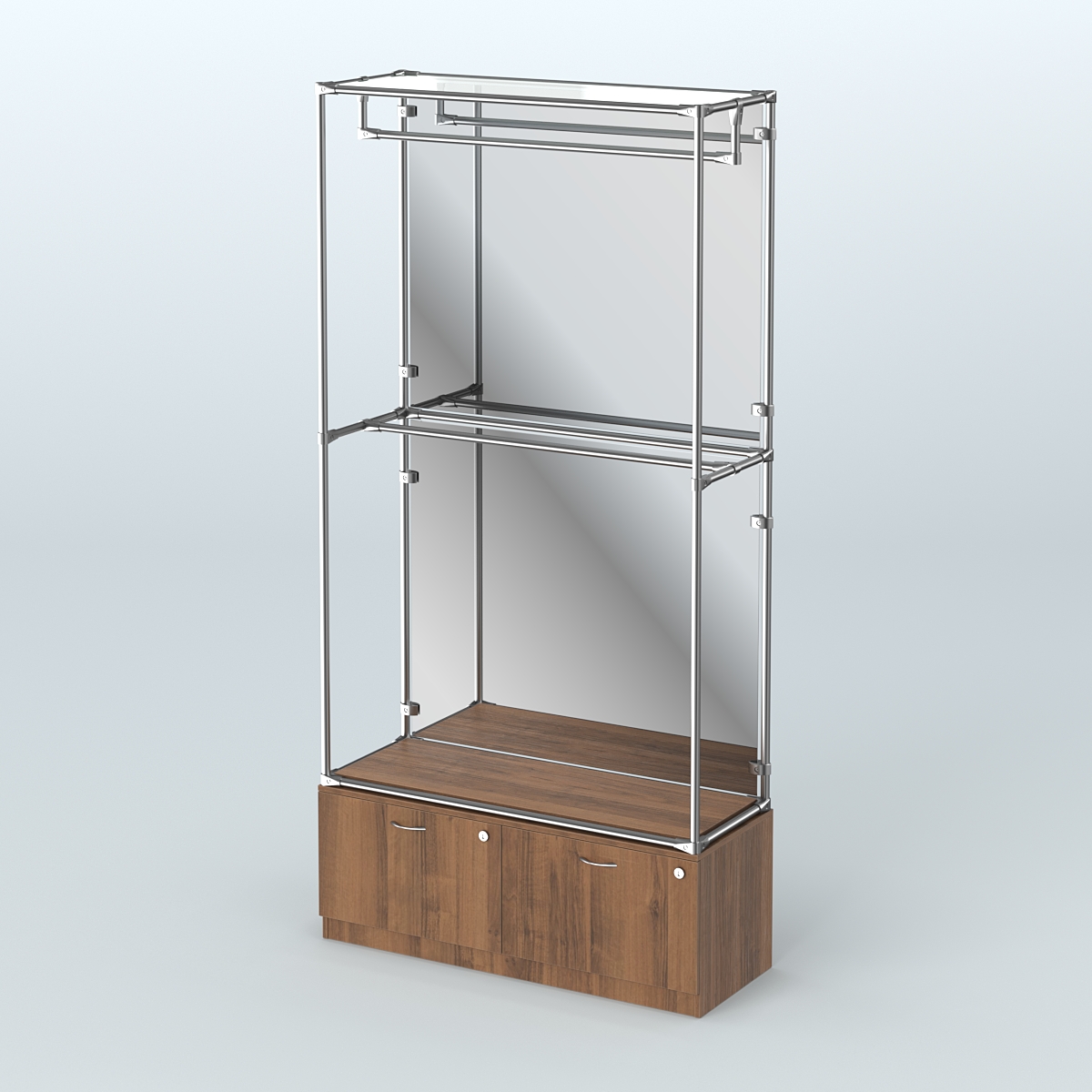 Торговая система ХРОМ (задняя стенка - зеркало) 1200 мм №1-3 с тумбой Т-15 и поручнями Орех