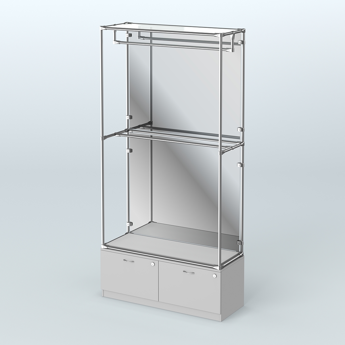 Торговая система ХРОМ (задняя стенка - зеркало) 1200 мм №1-3 с тумбой Т-15 и поручнями Серый