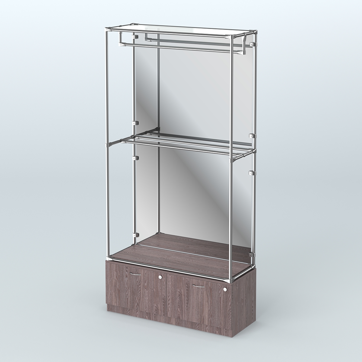 Торговая система ХРОМ (задняя стенка - зеркало) 1200 мм №1-3 с тумбой Т-15 и поручнями Ясень Анкор темный