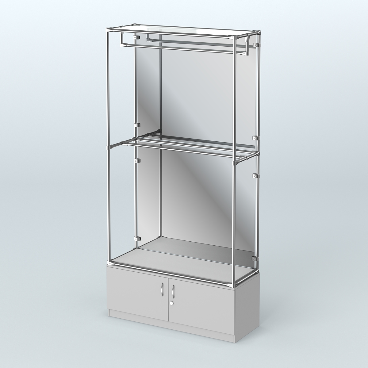 Торговая система ХРОМ (задняя стенка - зеркало) 1200 мм №1-4 с тумбой Т-21 и поручнями Серый