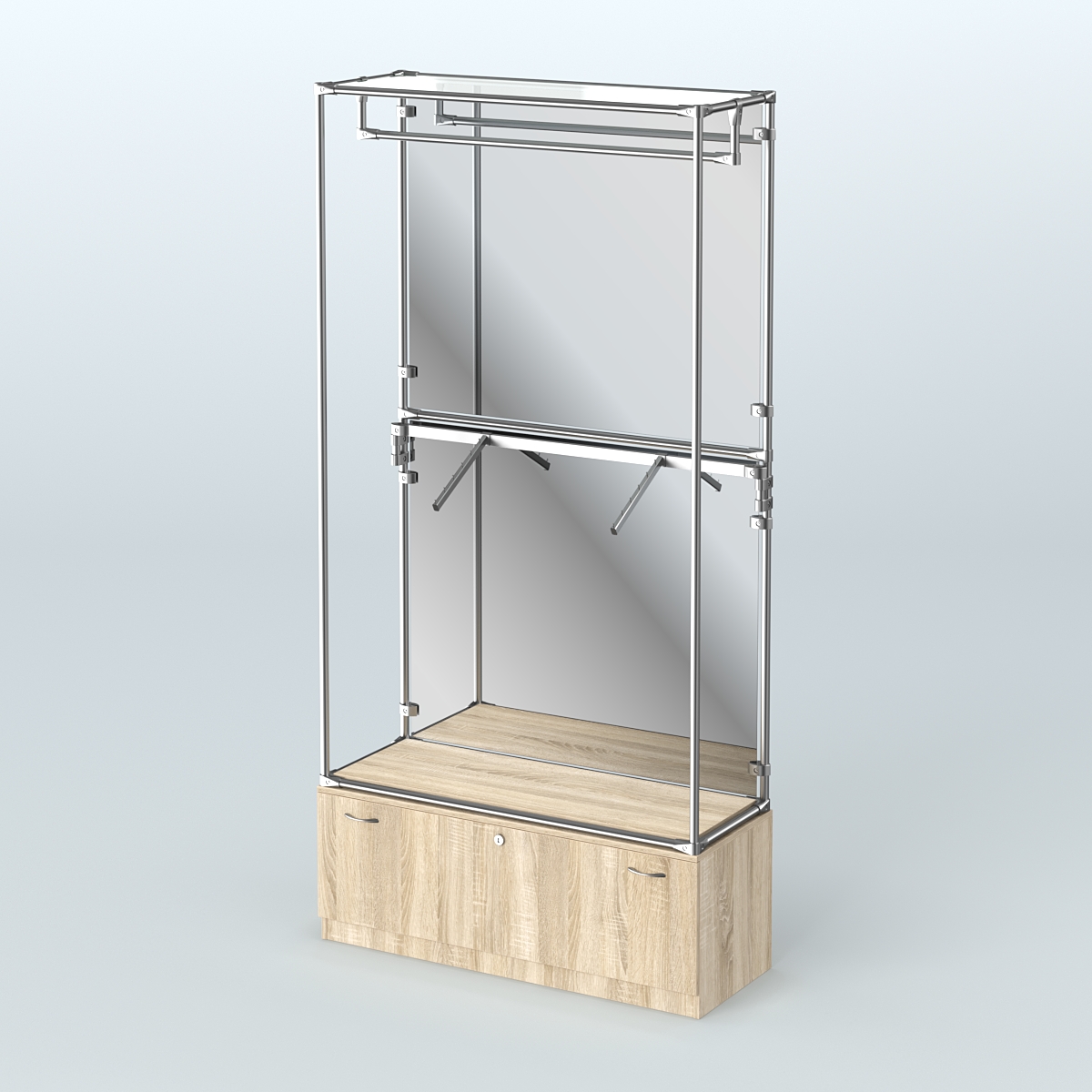 Торговая система ХРОМ (задняя стенка - зеркало) 1200 мм №2-1 с тумбой Т-11 и поручнями Дуб Сонома