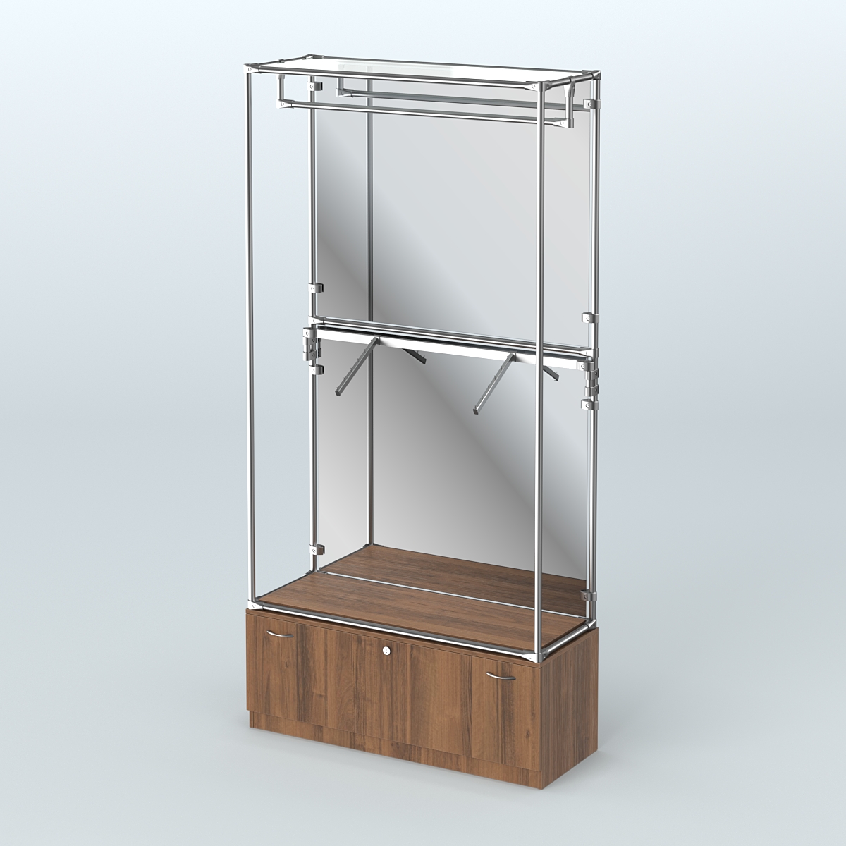 Торговая система ХРОМ (задняя стенка - зеркало) 1200 мм №2-1 с тумбой Т-11 и поручнями Орех