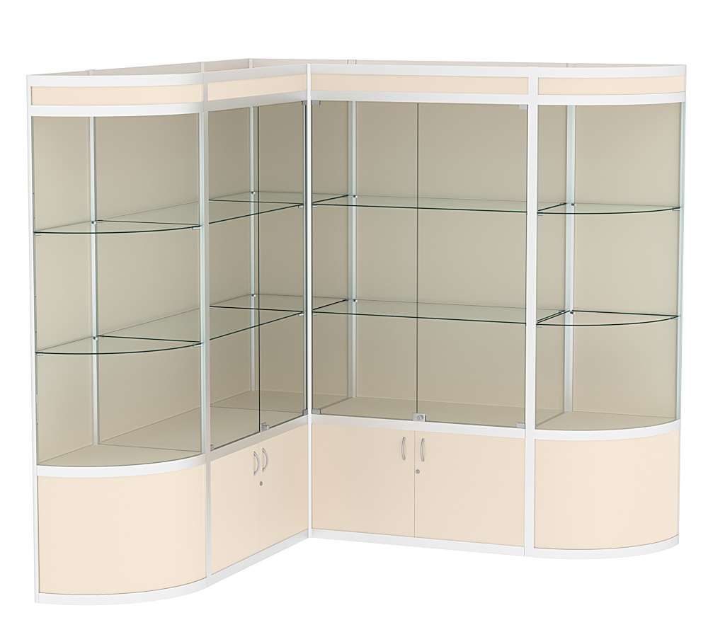 Витрина из профиля в угол зала с секторами №1 (задняя стенка - ДВП) Крем Вайс