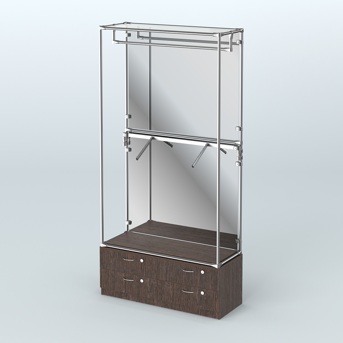 Торговая система ХРОМ (задняя стенка - зеркало) 1200 мм №2-2 с тумбой Т-14 и поручнями Дуб Венге