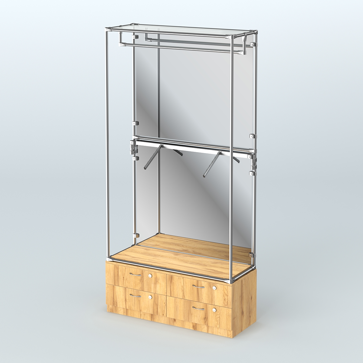 Торговая система ХРОМ (задняя стенка - зеркало) 1200 мм №2-2 с тумбой Т-14 и поручнями Дуб Золотистый