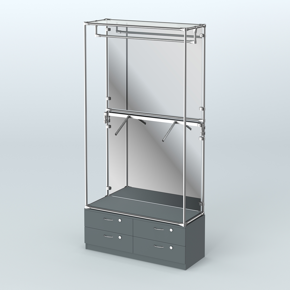 Торговая система ХРОМ (задняя стенка - зеркало) 1200 мм №2-2 с тумбой Т-14 и поручнями Темно-Серый