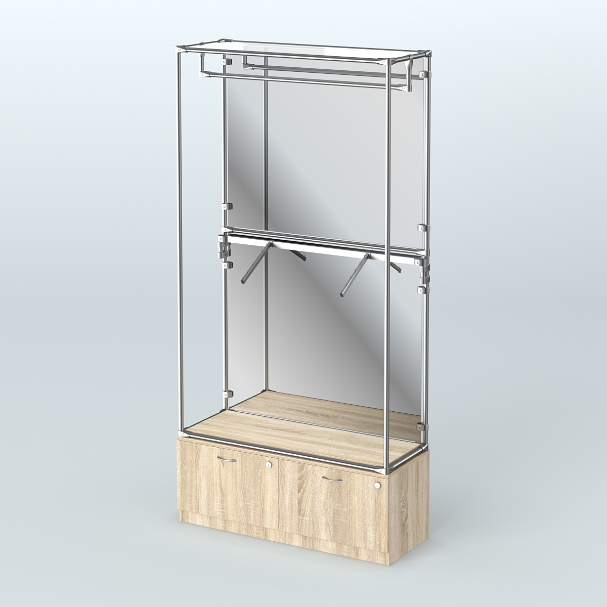 Торговая система ХРОМ (задняя стенка - зеркало) 1200 мм №2-3 с тумбой Т-15 и поручнями Дуб Сонома