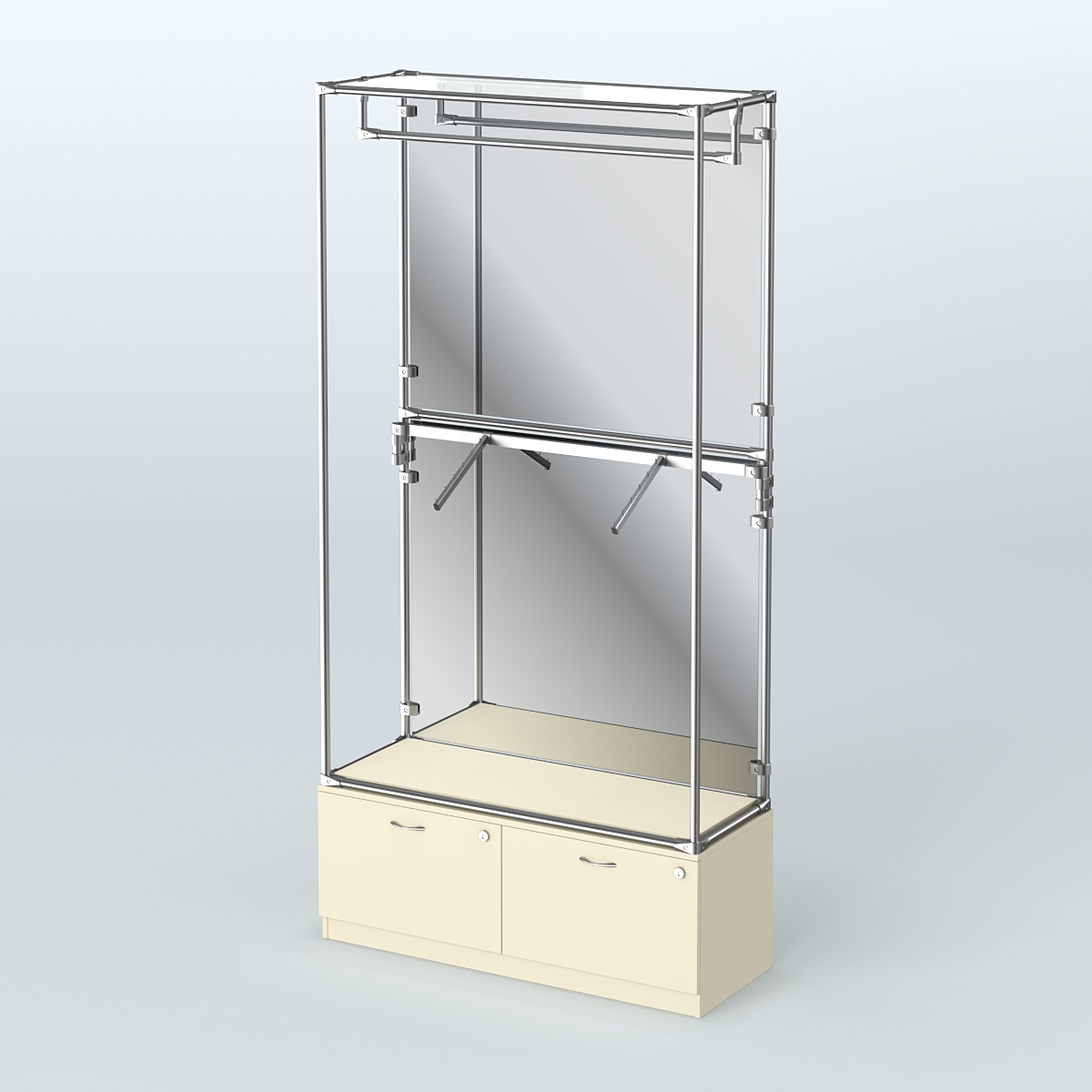Торговая система ХРОМ (задняя стенка - зеркало) 1200 мм №2-3 с тумбой Т-15 и поручнями Крем Вайс