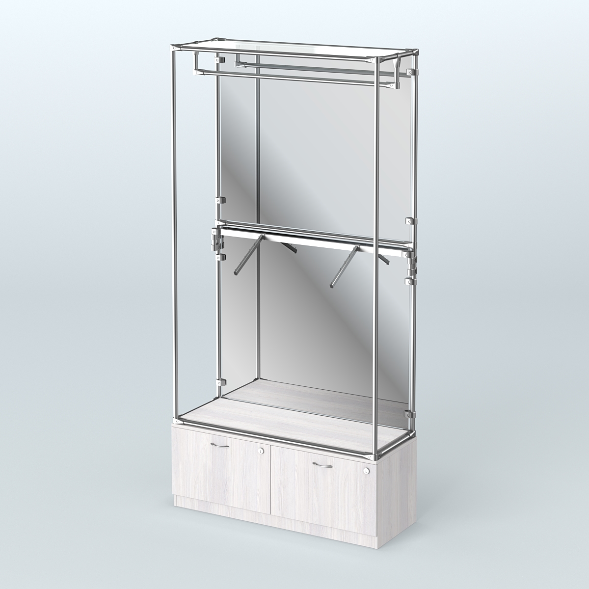 Торговая система ХРОМ (задняя стенка - зеркало) 1200 мм №2-3 с тумбой Т-15 и поручнями Ясень Анкор светлый