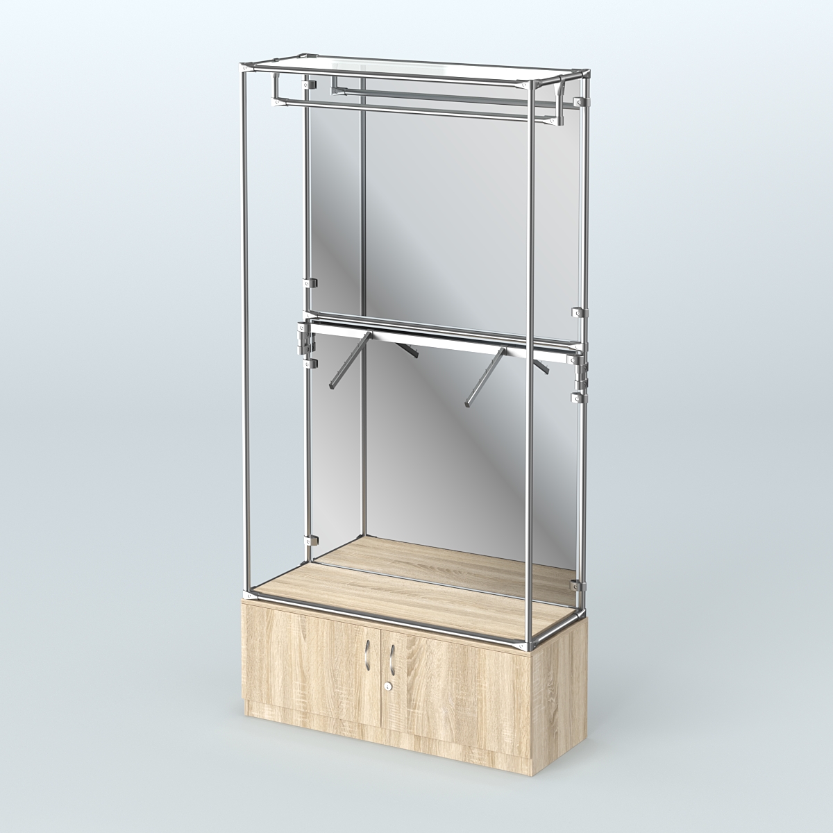 Торговая система ХРОМ (задняя стенка - зеркало) 1200 мм №2-4 с тумбой Т-21 и поручнями Дуб Сонома
