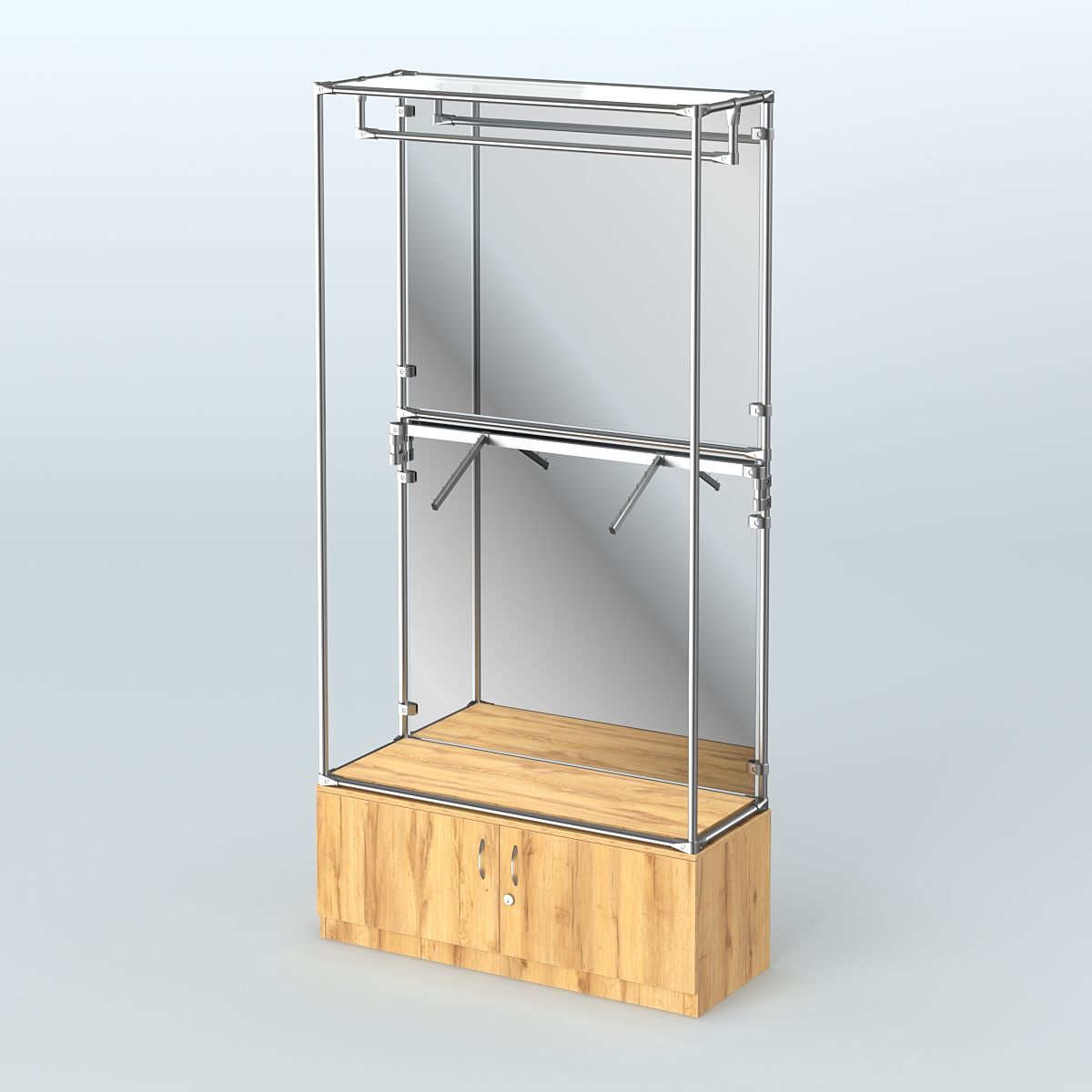 Торговая система ХРОМ (задняя стенка - зеркало) 1200 мм №2-4 с тумбой Т-21 и поручнями Дуб Золотистый