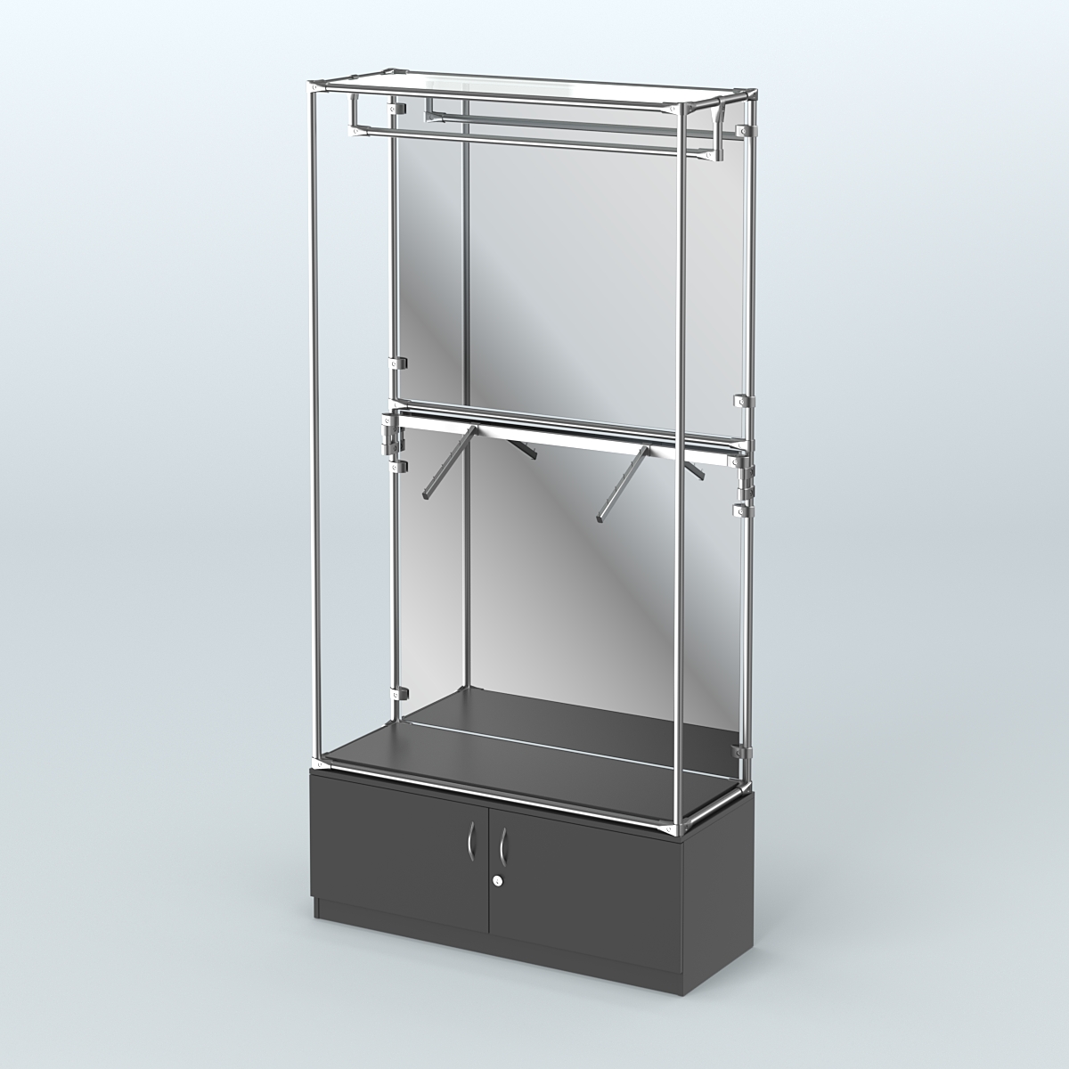 Торговая система ХРОМ (задняя стенка - зеркало) 1200 мм №2-4 с тумбой Т-21 и поручнями Черный
