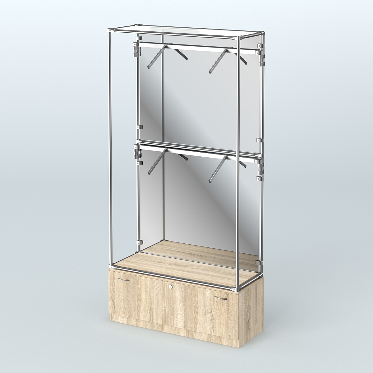 Торговая система ХРОМ (задняя стенка - зеркало) 1200 мм №3-1 с тумбой Т-11 и поручнями Дуб Сонома