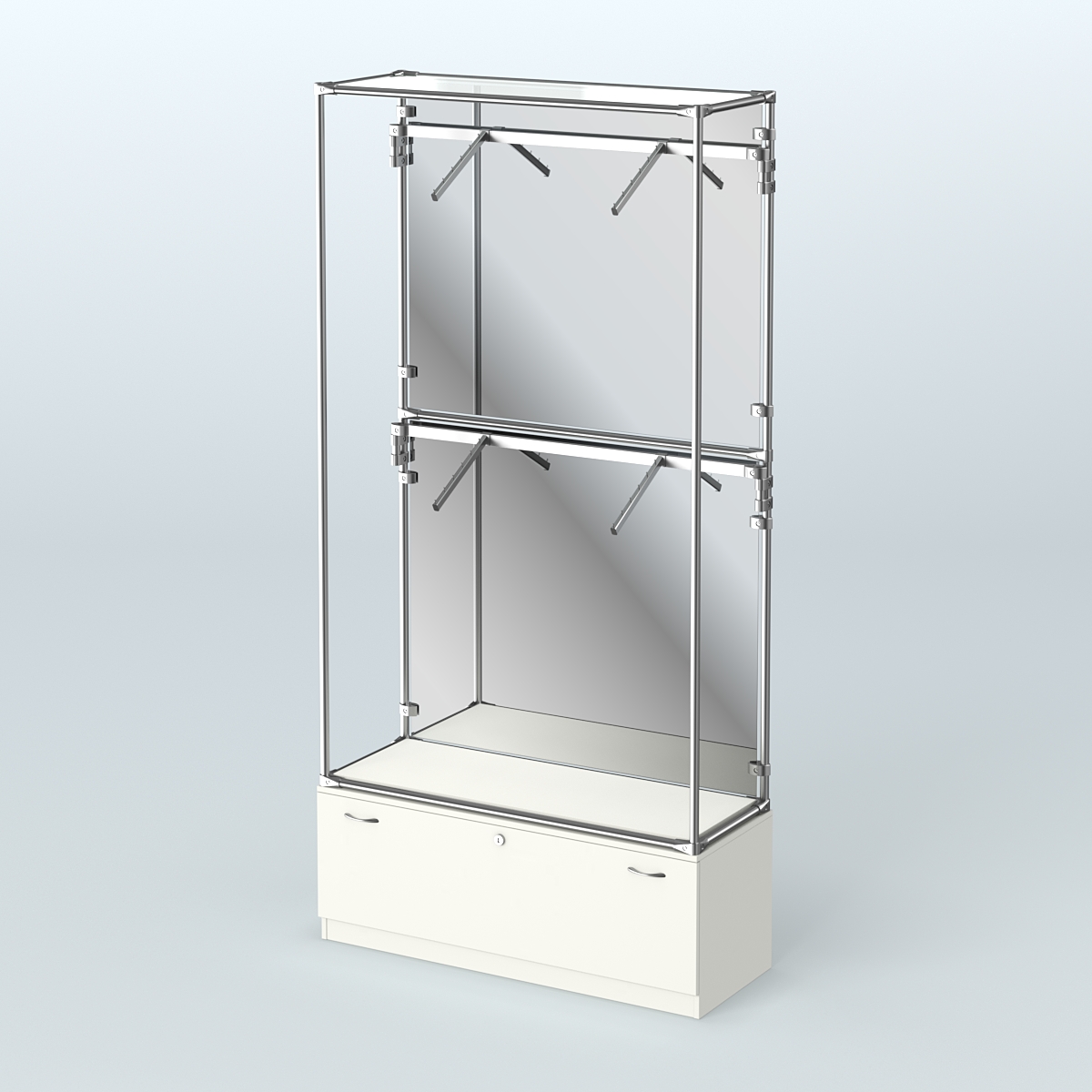 Торговая система ХРОМ (задняя стенка - зеркало) 1200 мм №3-1 с тумбой Т-11 и поручнями Белый