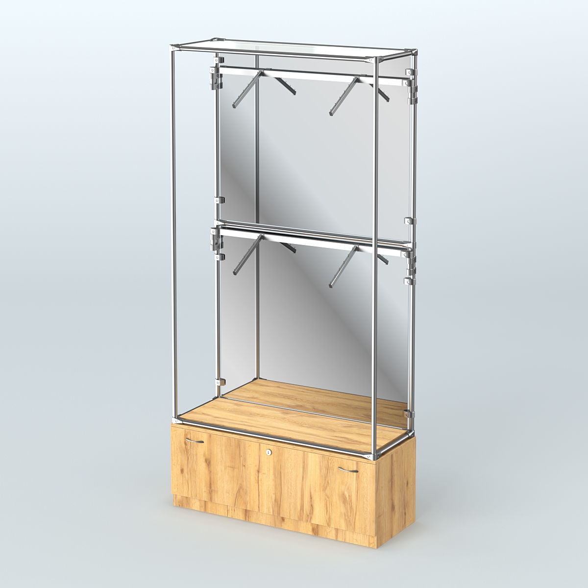 Торговая система ХРОМ (задняя стенка - зеркало) 1200 мм №3-1 с тумбой Т-11 и поручнями Дуб Золотистый