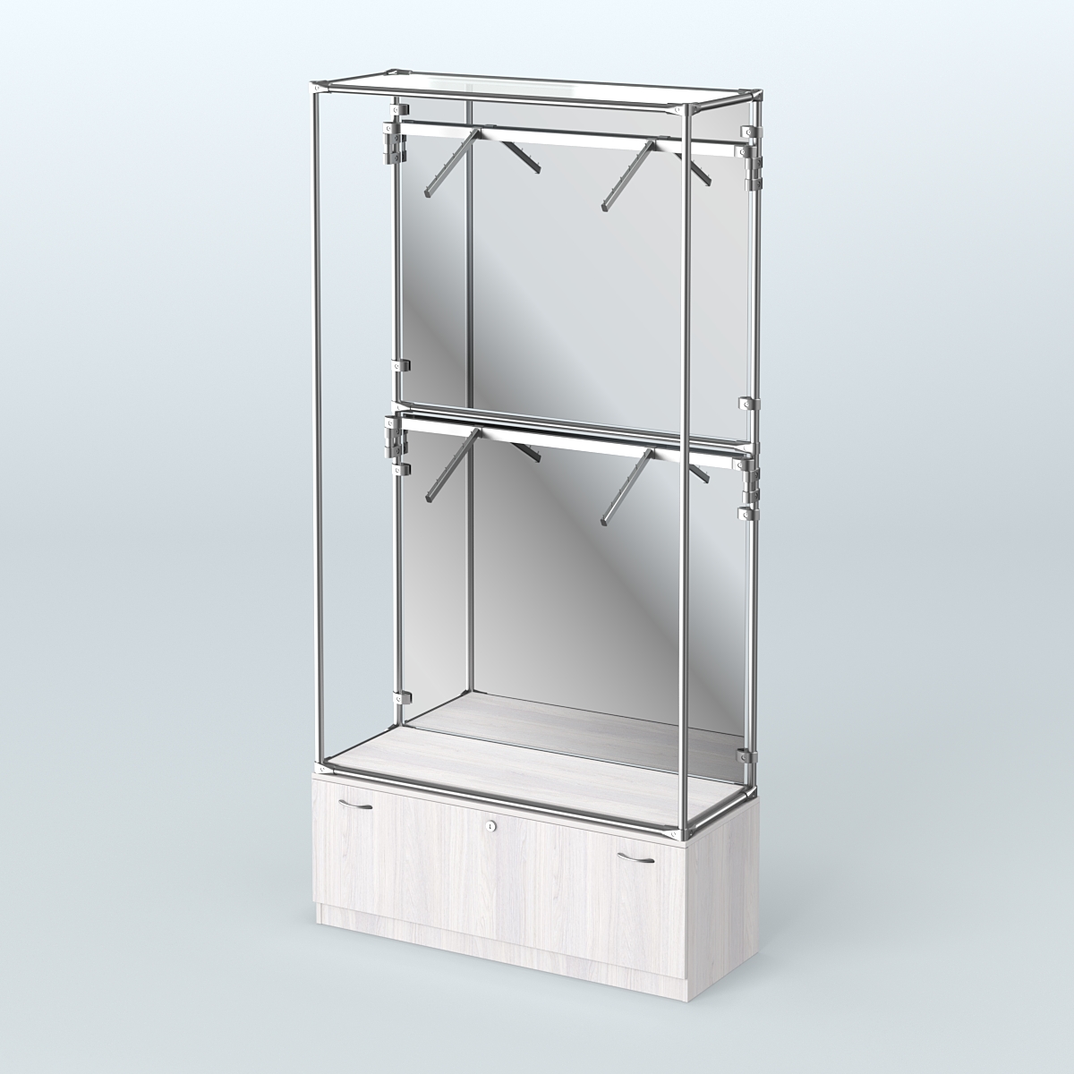 Торговая система ХРОМ (задняя стенка - зеркало) 1200 мм №3-1 с тумбой Т-11 и поручнями Ясень Анкор светлый
