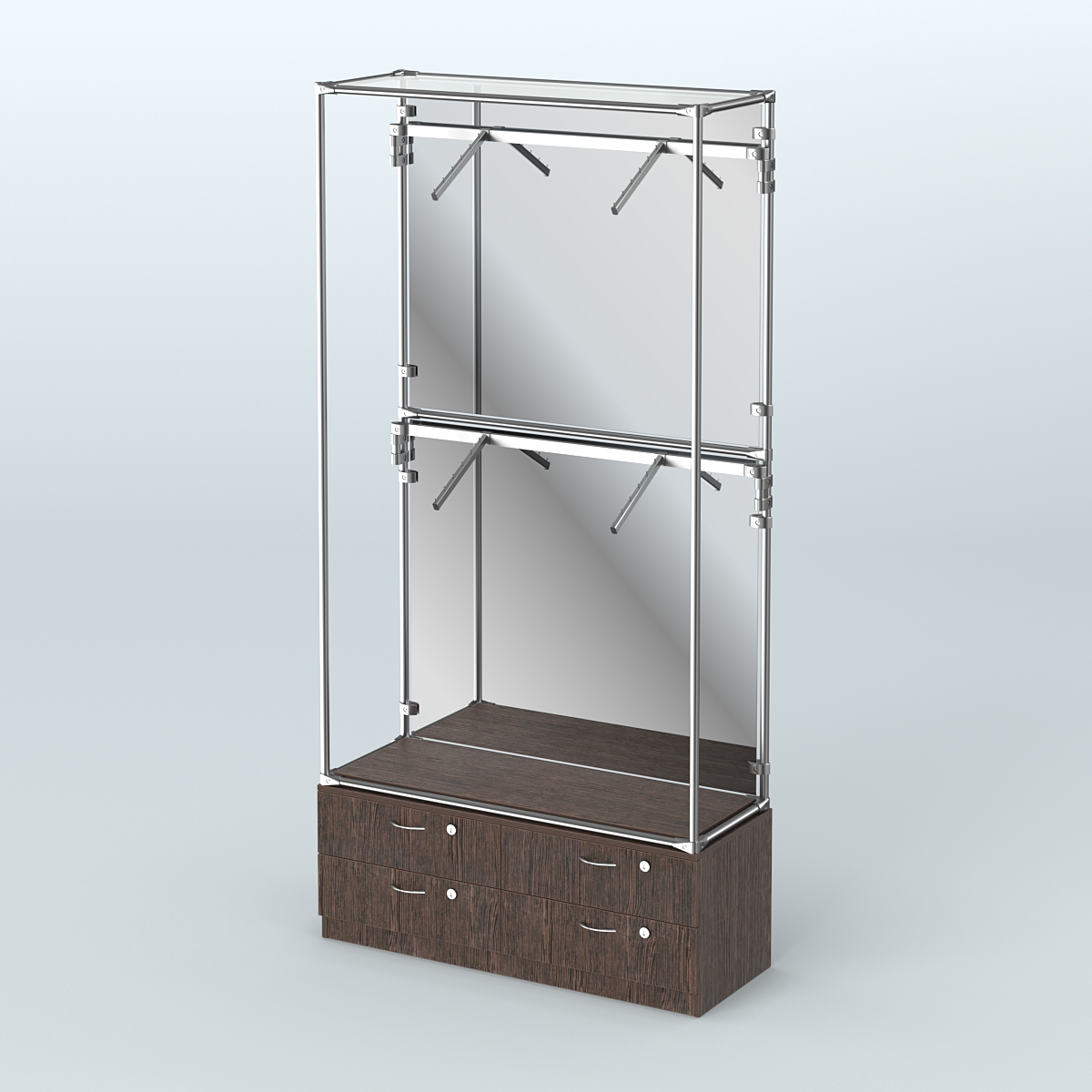 Торговая система ХРОМ (задняя стенка - зеркало) 1200 мм №3-2 с тумбой Т-14 и поручнями Дуб Венге