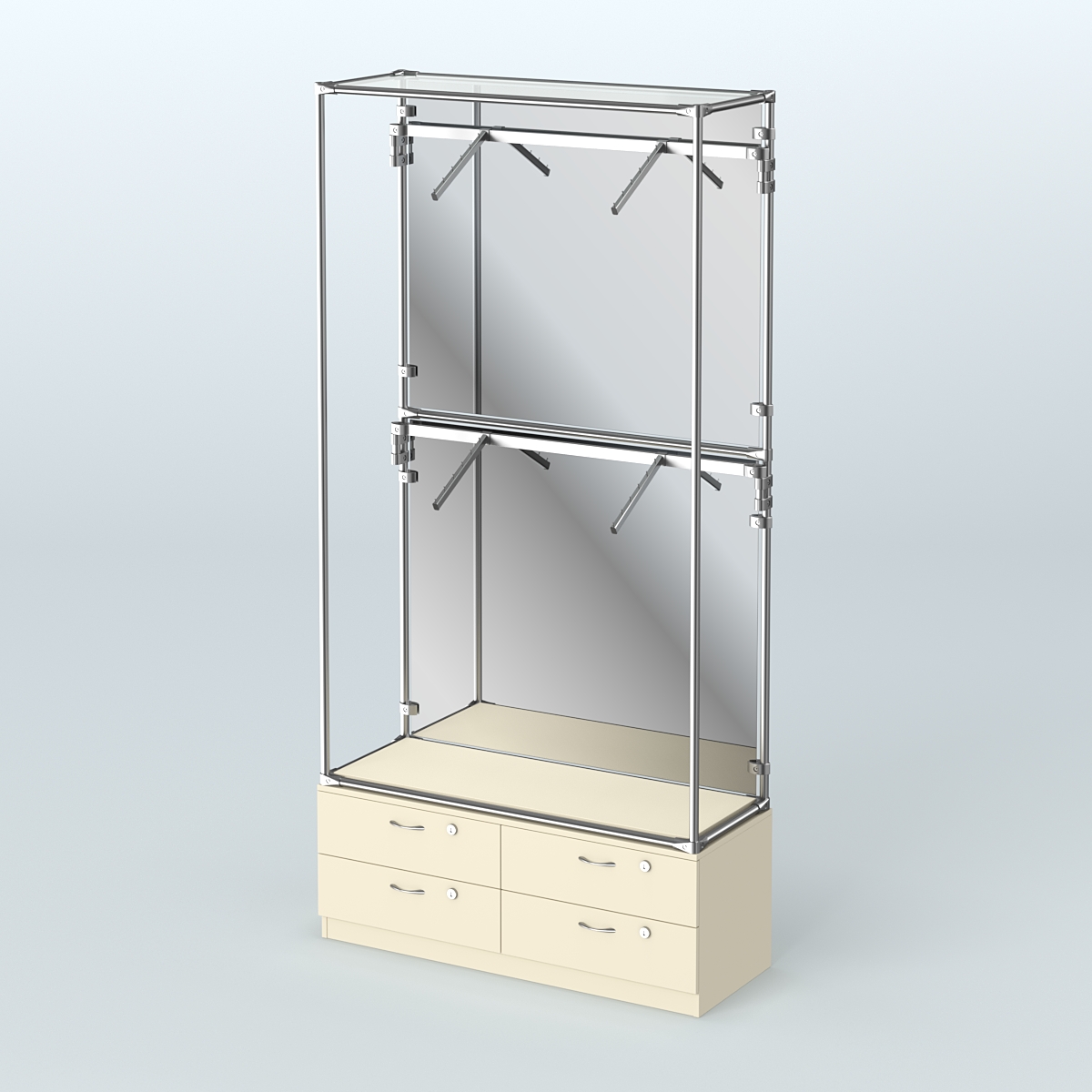 Торговая система ХРОМ (задняя стенка - зеркало) 1200 мм №3-2 с тумбой Т-14 и поручнями Крем Вайс