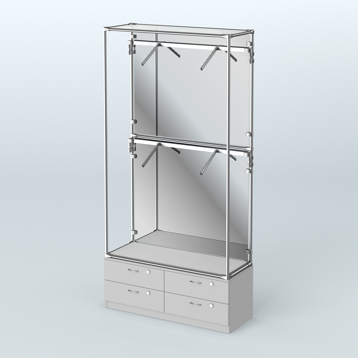Торговая система ХРОМ (задняя стенка - зеркало) 1200 мм №3-2 с тумбой Т-14 и поручнями Серый