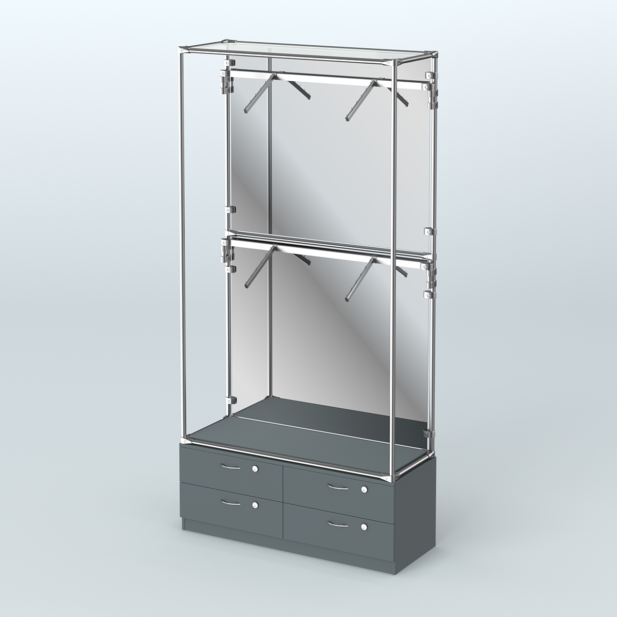 Торговая система ХРОМ (задняя стенка - зеркало) 1200 мм №3-2 с тумбой Т-14 и поручнями Темно-Серый