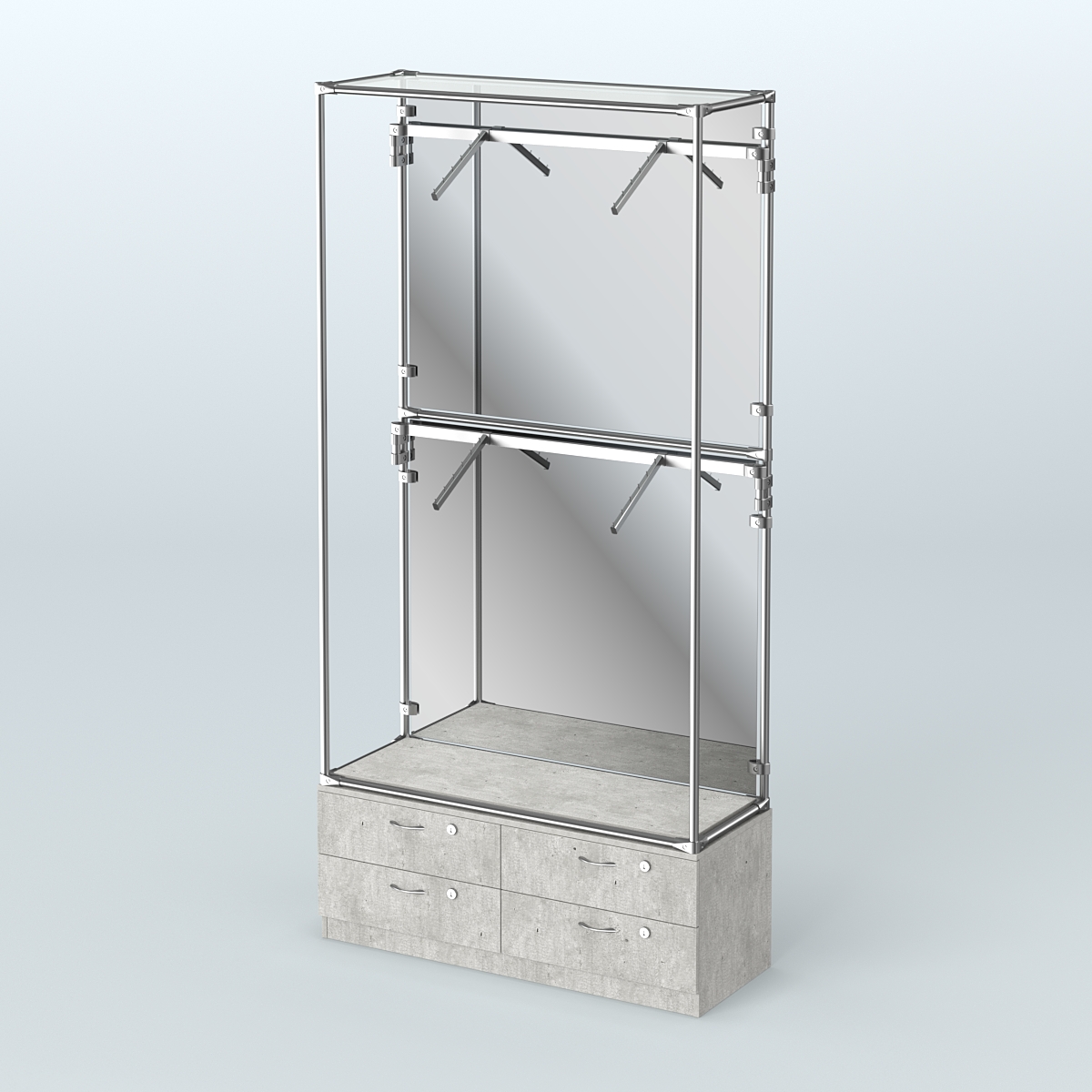 Торговая система ХРОМ (задняя стенка - зеркало) 1200 мм №3-2 с тумбой Т-14 и поручнями Метрополитан Грей