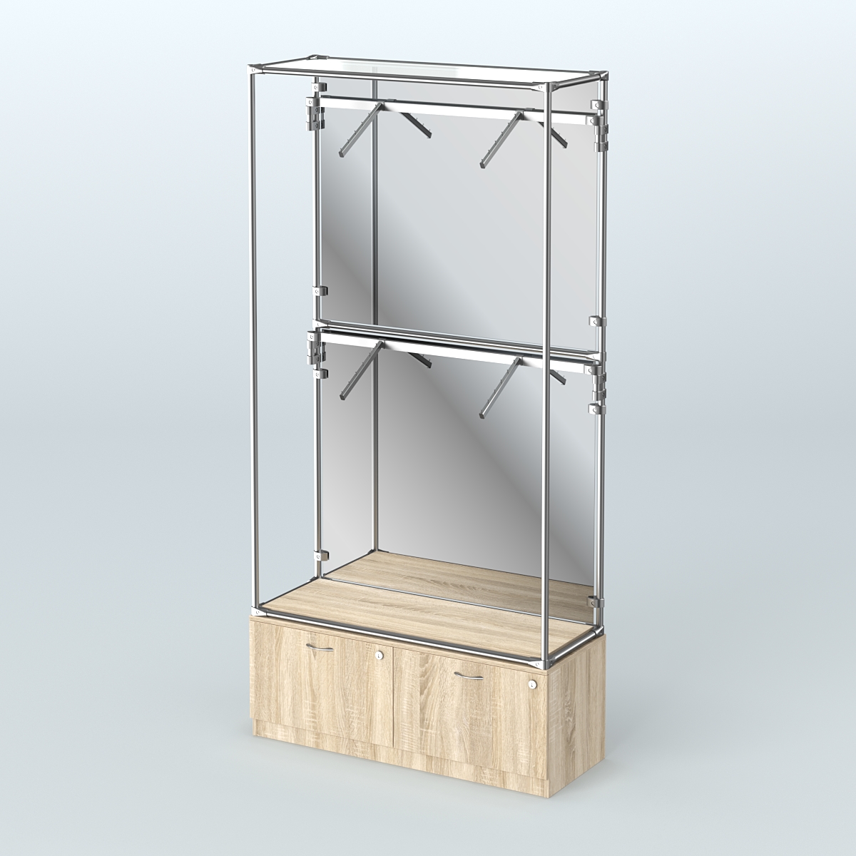 Торговая система ХРОМ (задняя стенка - зеркало) 1200 мм №3-3 с тумбой Т-15 и поручнями Дуб Сонома