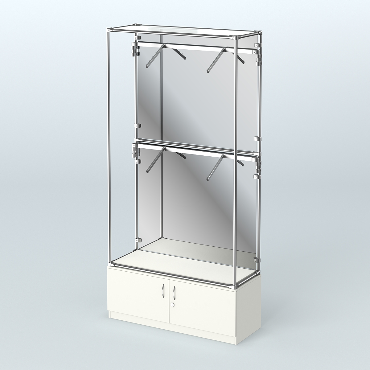 Торговая система ХРОМ (задняя стенка - зеркало) 1200 мм №3-4 с тумбой Т-21 и поручнями Белый
