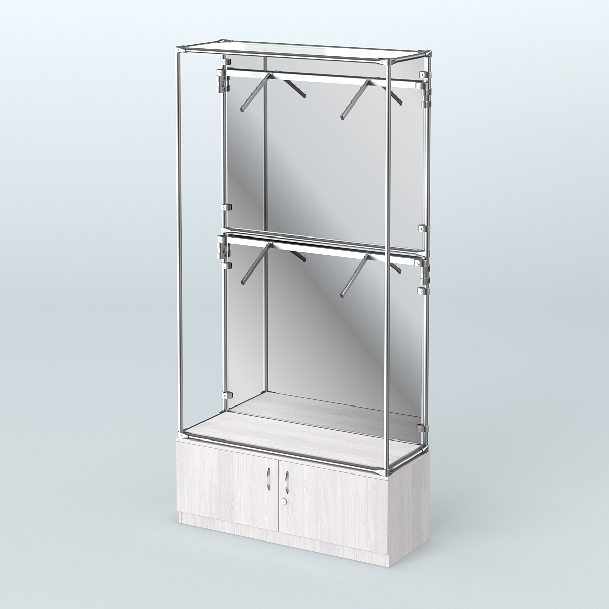 Торговая система ХРОМ (задняя стенка - зеркало) 1200 мм №3-4 с тумбой Т-21 и поручнями Ясень Анкор светлый
