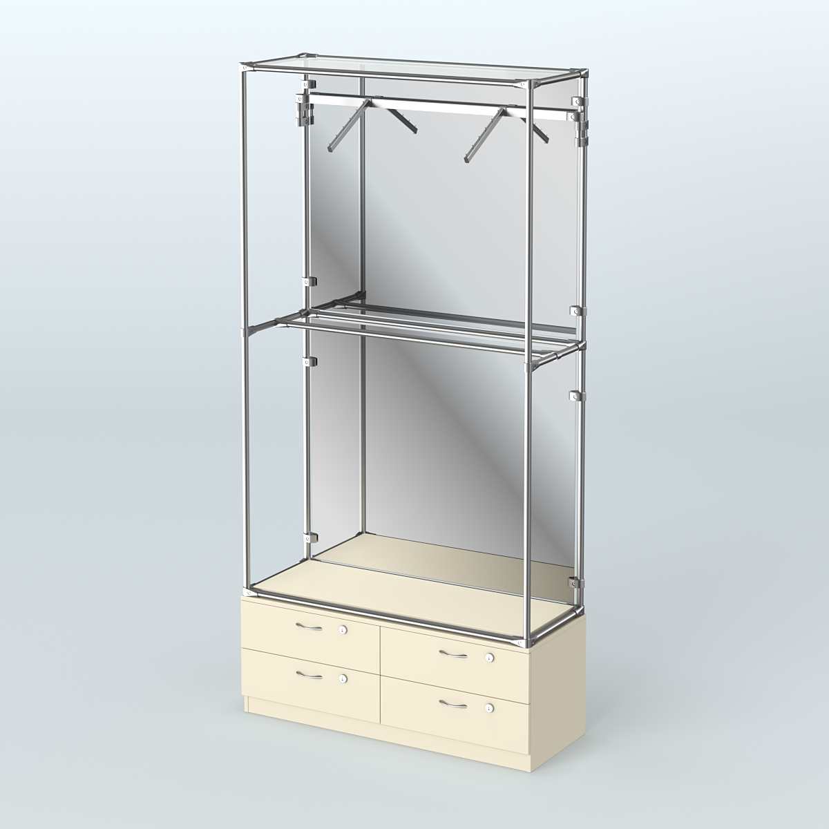 Торговая система ХРОМ (задняя стенка - зеркало) 1200 мм №4-2 с тумбой Т-14 и поручнями Крем Вайс