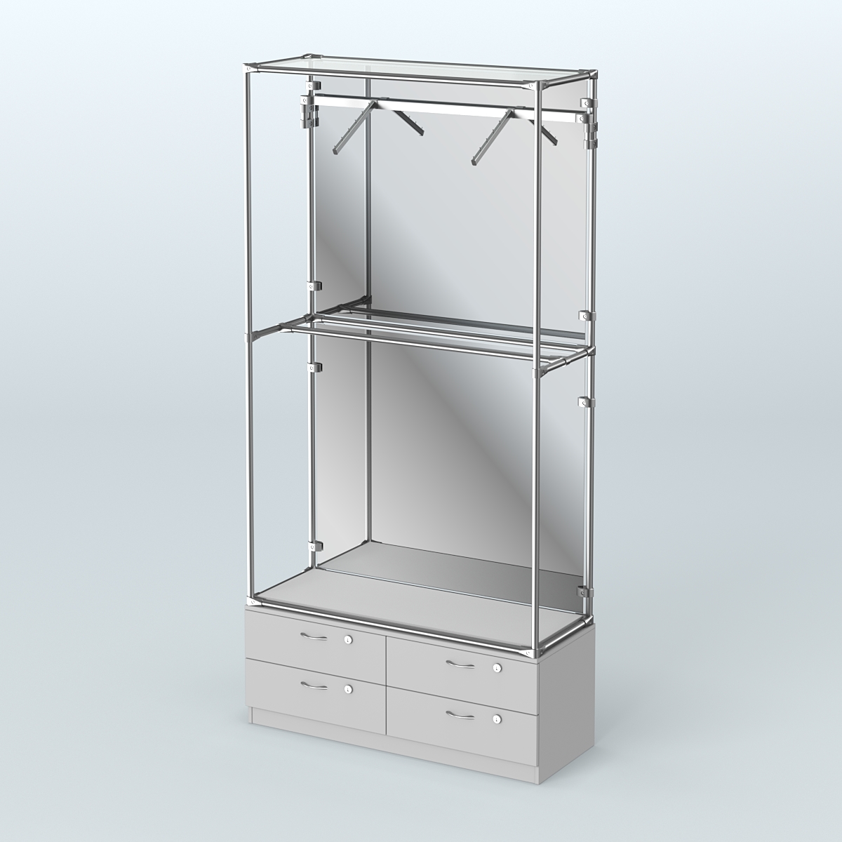 Торговая система ХРОМ (задняя стенка - зеркало) 1200 мм №4-2 с тумбой Т-14 и поручнями Серый