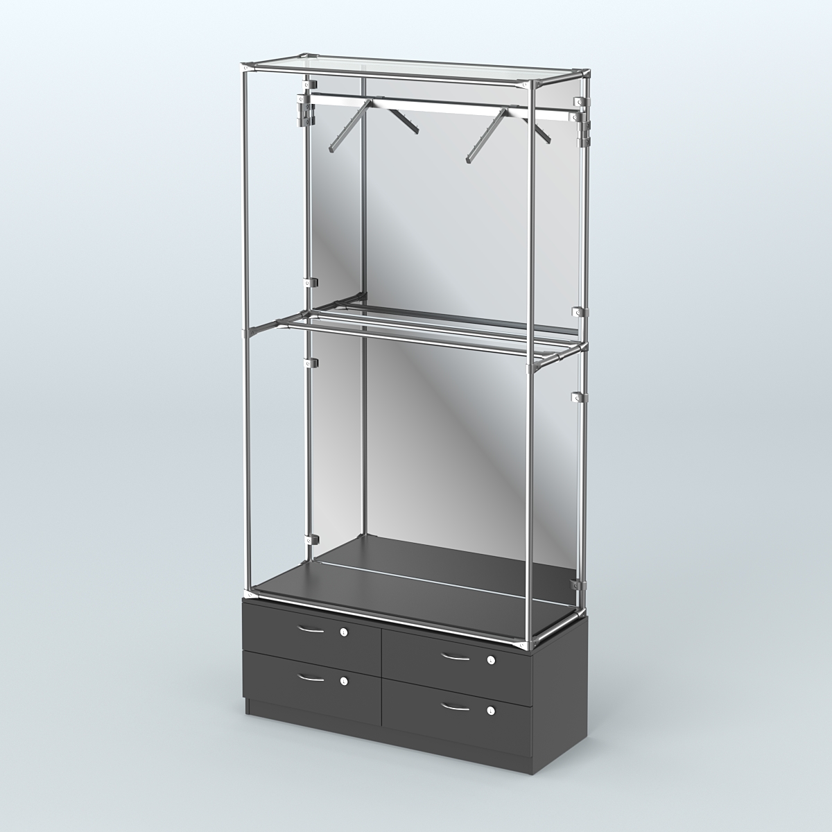 Торговая система ХРОМ (задняя стенка - зеркало) 1200 мм №4-2 с тумбой Т-14 и поручнями Черный
