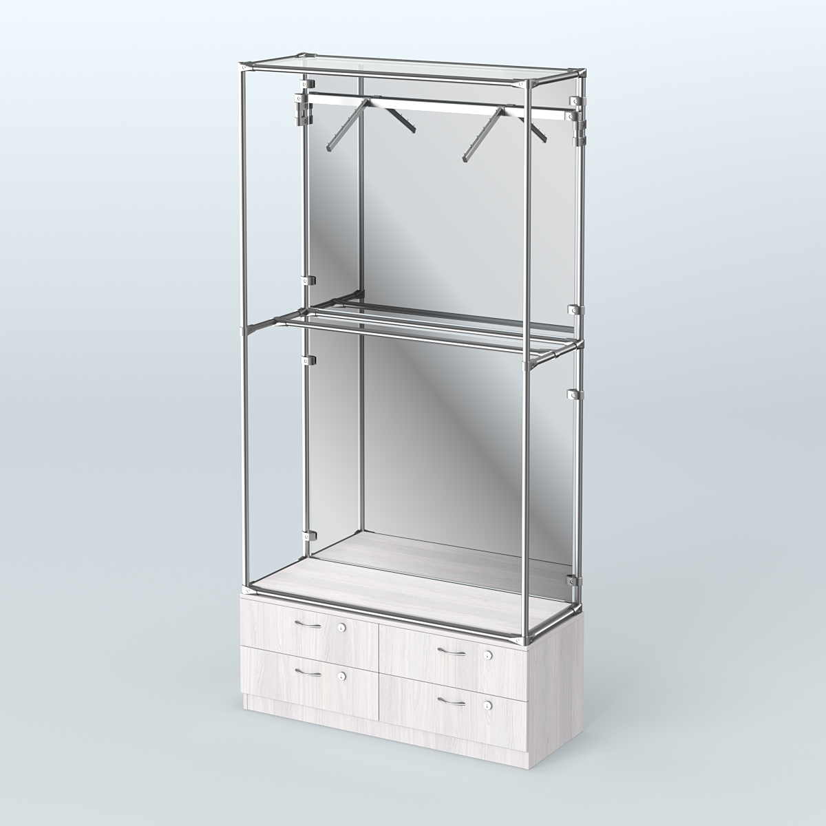 Торговая система ХРОМ (задняя стенка - зеркало) 1200 мм №4-2 с тумбой Т-14 и поручнями Ясень Анкор светлый