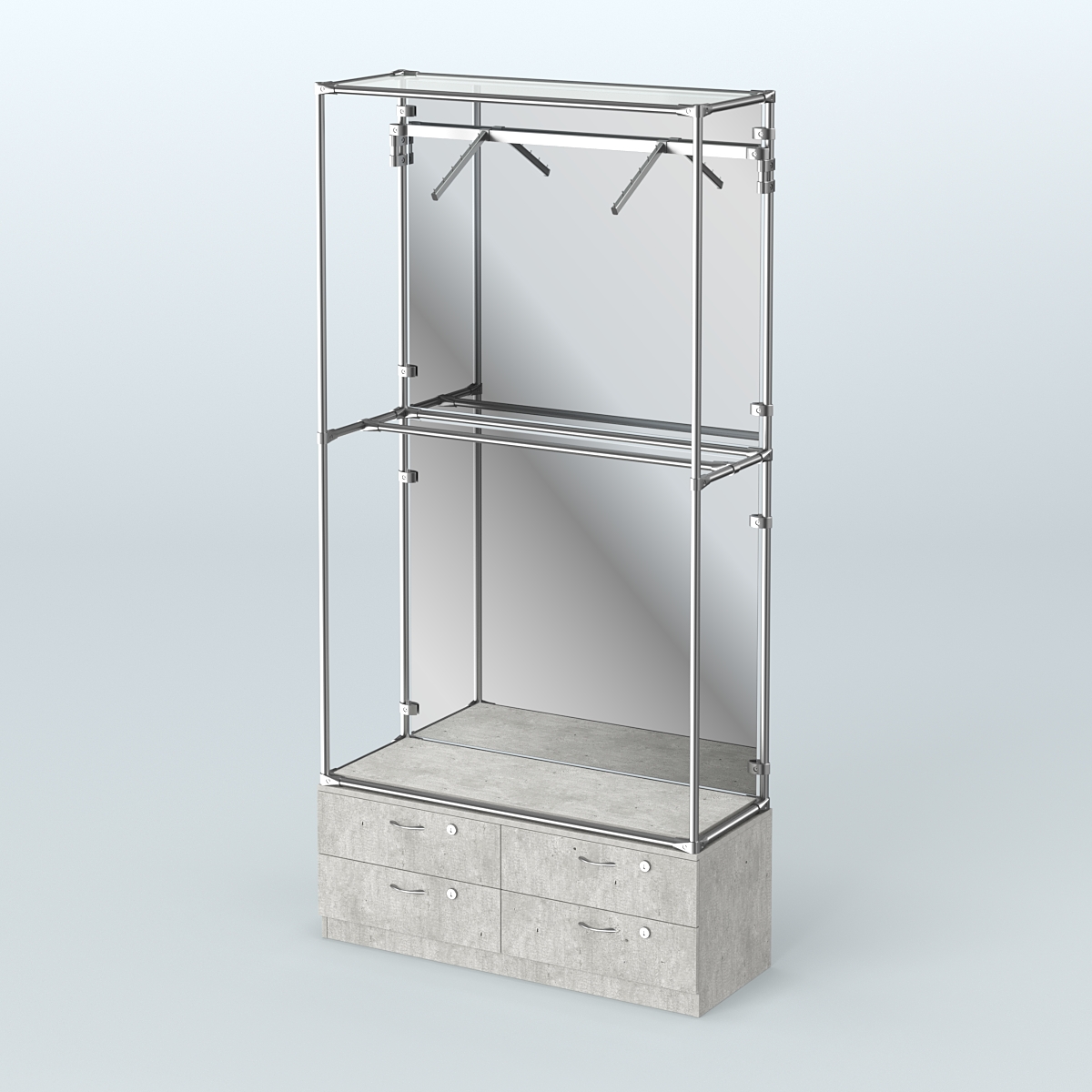 Торговая система ХРОМ (задняя стенка - зеркало) 1200 мм №4-2 с тумбой Т-14 и поручнями Метрополитан Грей