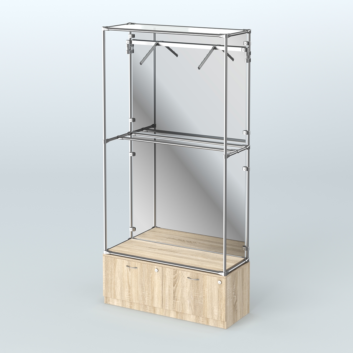 Торговая система ХРОМ (задняя стенка - зеркало) 1200 мм №4-3 с тумбой Т-15 и поручнями Дуб Сонома