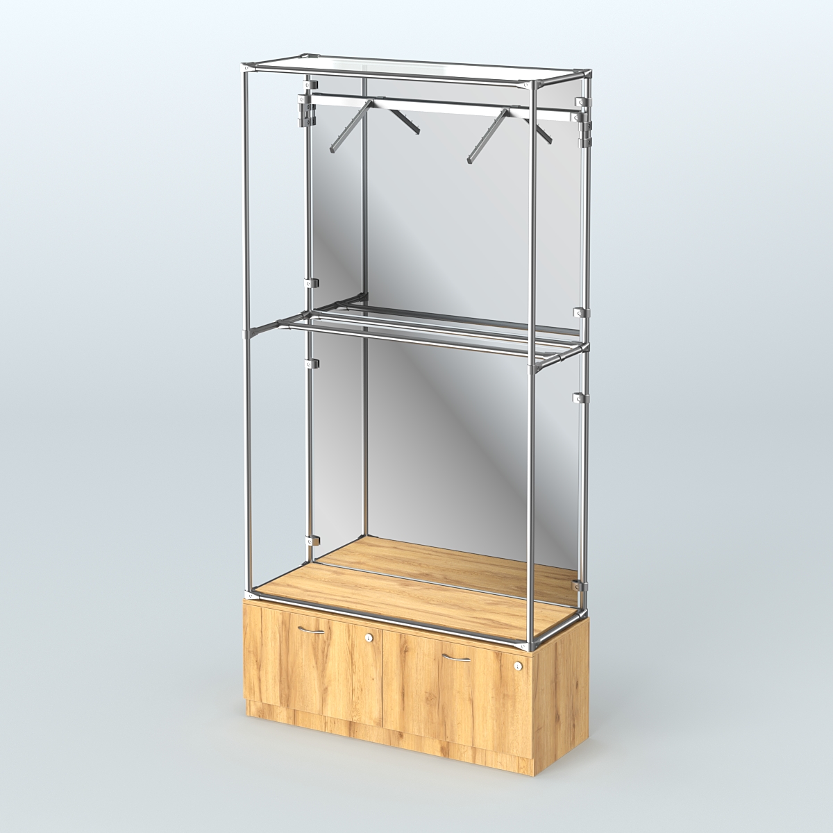 Торговая система ХРОМ (задняя стенка - зеркало) 1200 мм №4-3 с тумбой Т-15 и поручнями Дуб Золотистый